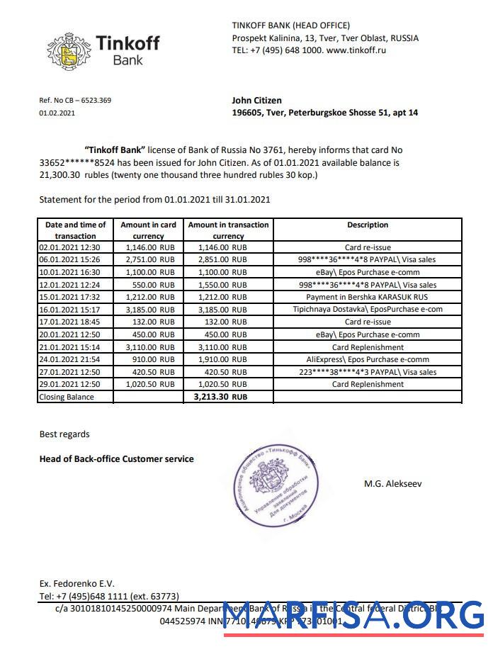 Realistic Russia Tinkoff bank proof of address statement excel sample